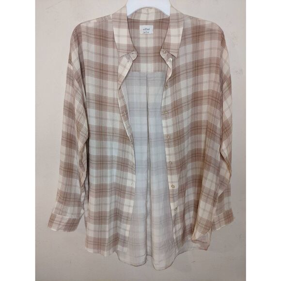 Aritzia Wilfred Alma Brown and Cream Silk Plaid Button Down Shirt Women's Size S - Picture 3 of 13